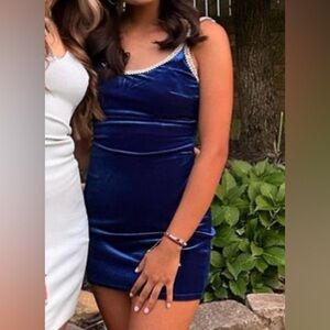 Blue homecoming dress with diamond straps